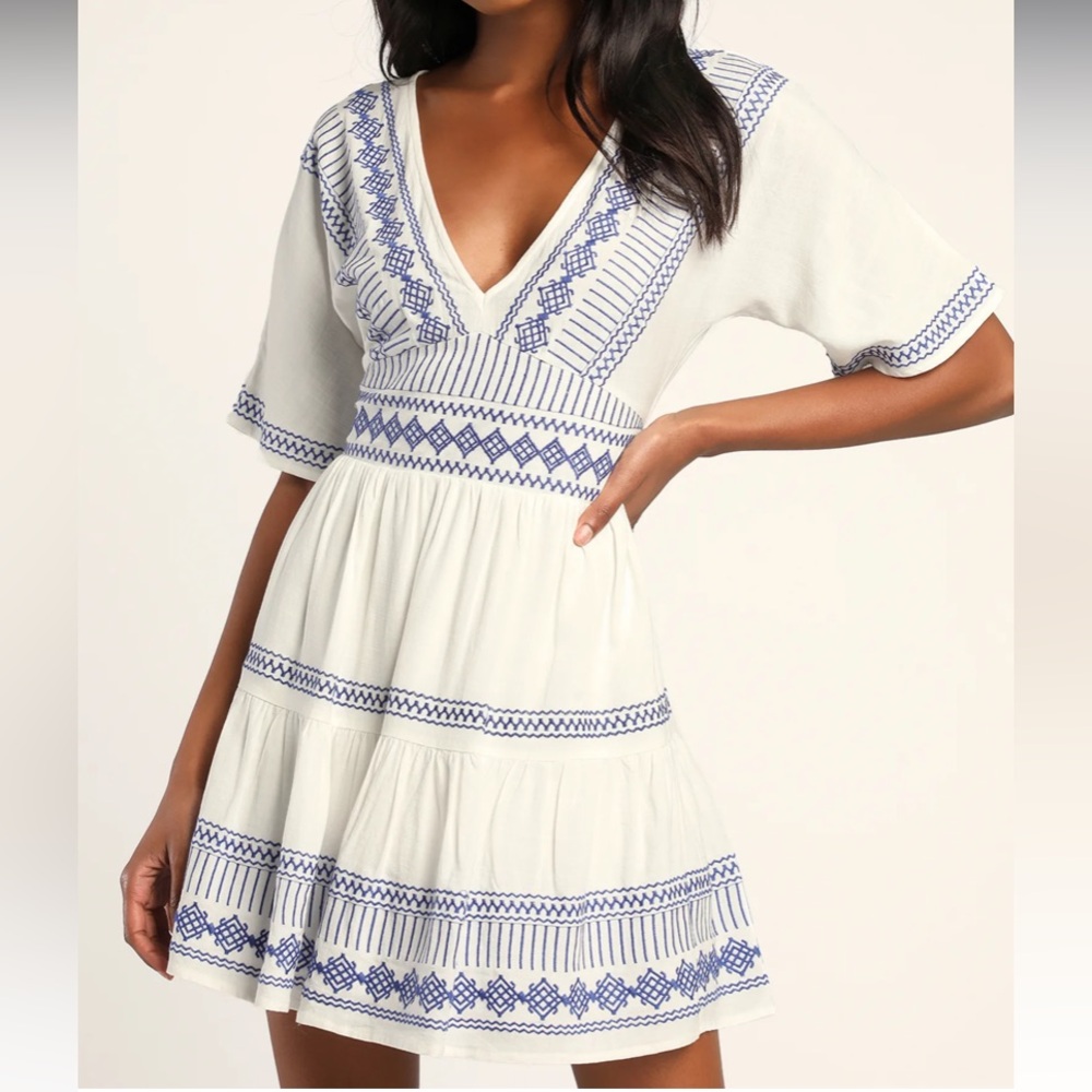 NWT Lulus Gone to Greece White Embroidered Short Sleeve V-Neck Mini Dress